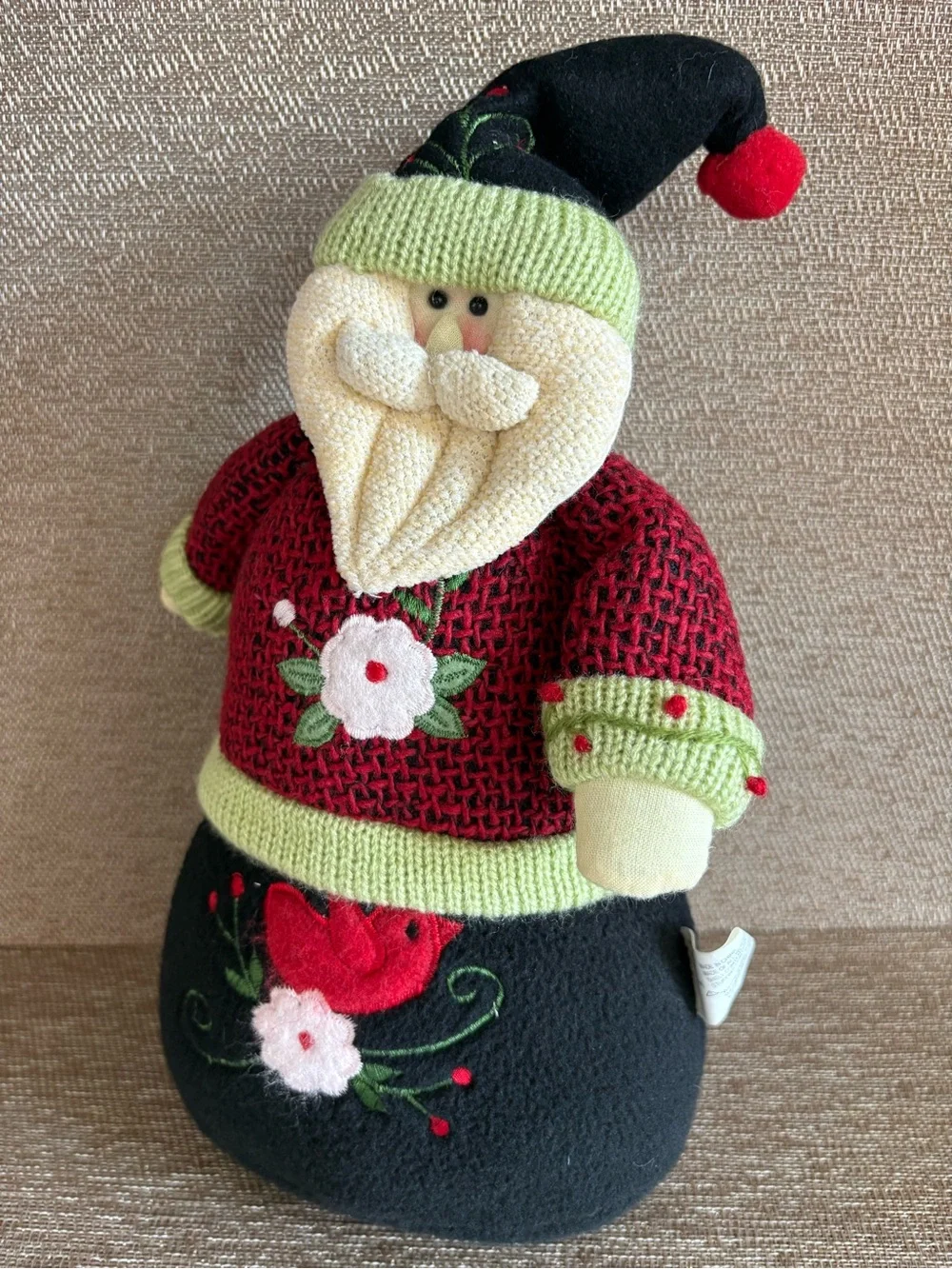 Plush Santa Claus Shelf Sitter Figurine Knit Sweater Embroidered Bird Christmas